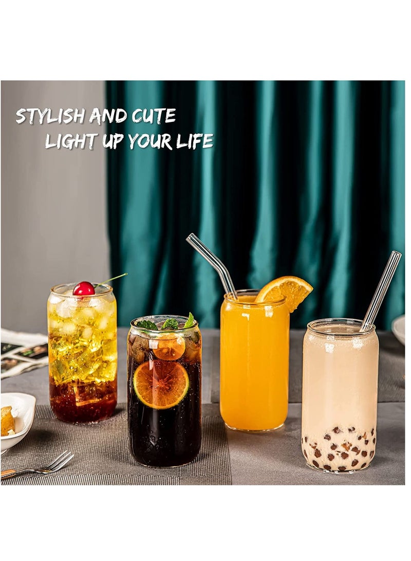 6 Pcs Drinking Glasses with Glass Straw 16 Oz Can Shaped Glass Cups Glasses Ice Coffee Glasses Tumbler Cup Great for Soda Tea Water Boba Tea Include 2 Cleaning Brushes
