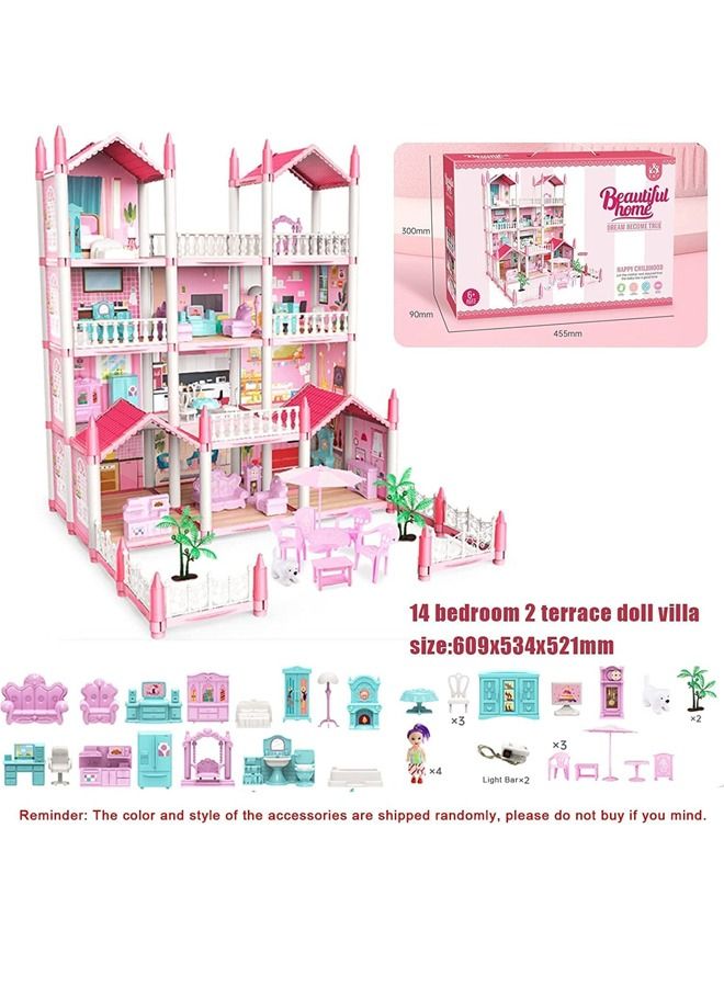 4 Floors Huge Dollhouse Play Set with 14 Rooms 4 Dolls 2 Color Light Strips with Lights to Assemble Kitchen, Bedroom, Furniture, Garden, Dolls, Pets DIY Pretend Play Doll House for Girls (Pink)