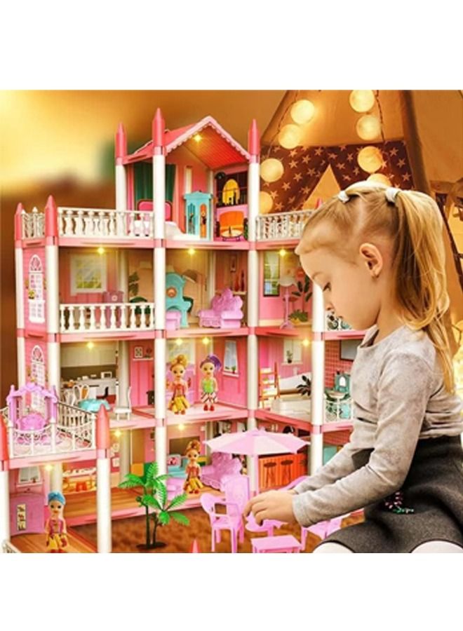 4 Floors Huge Dollhouse Play Set with 14 Rooms 4 Dolls 2 Color Light Strips with Lights to Assemble Kitchen, Bedroom, Furniture, Garden, Dolls, Pets DIY Pretend Play Doll House for Girls (Pink)