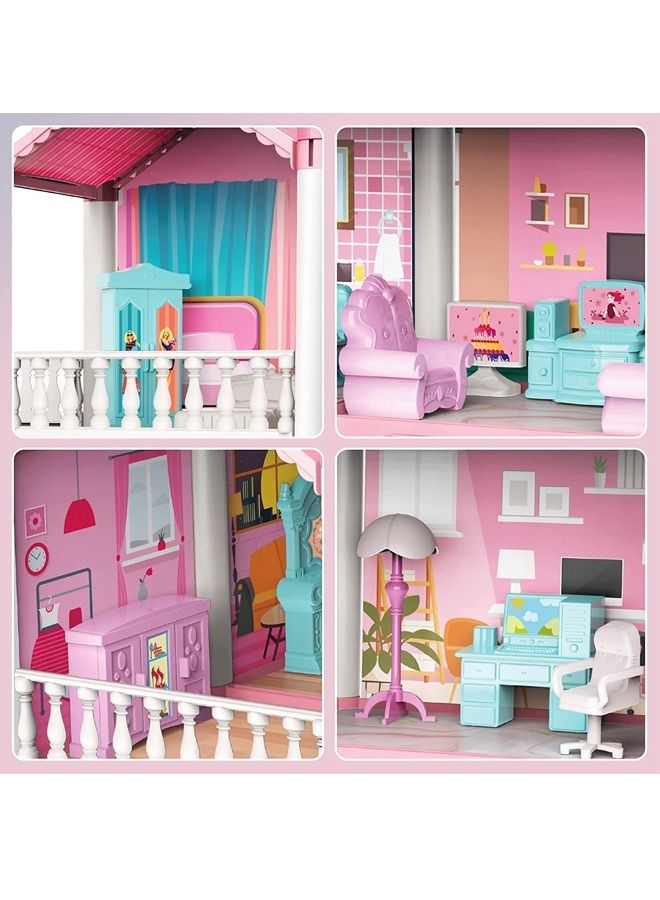 4 Floors Huge Dollhouse Play Set with 14 Rooms 4 Dolls 2 Color Light Strips with Lights to Assemble Kitchen, Bedroom, Furniture, Garden, Dolls, Pets DIY Pretend Play Doll House for Girls (Pink)