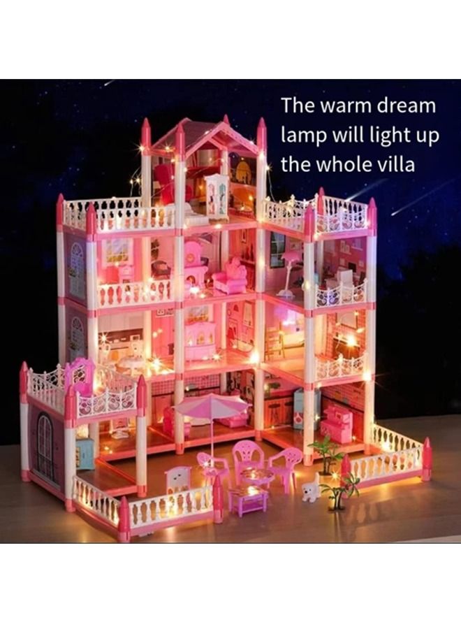 4 Floors Huge Dollhouse Play Set with 14 Rooms 4 Dolls 2 Color Light Strips with Lights to Assemble Kitchen, Bedroom, Furniture, Garden, Dolls, Pets DIY Pretend Play Doll House for Girls (Pink)