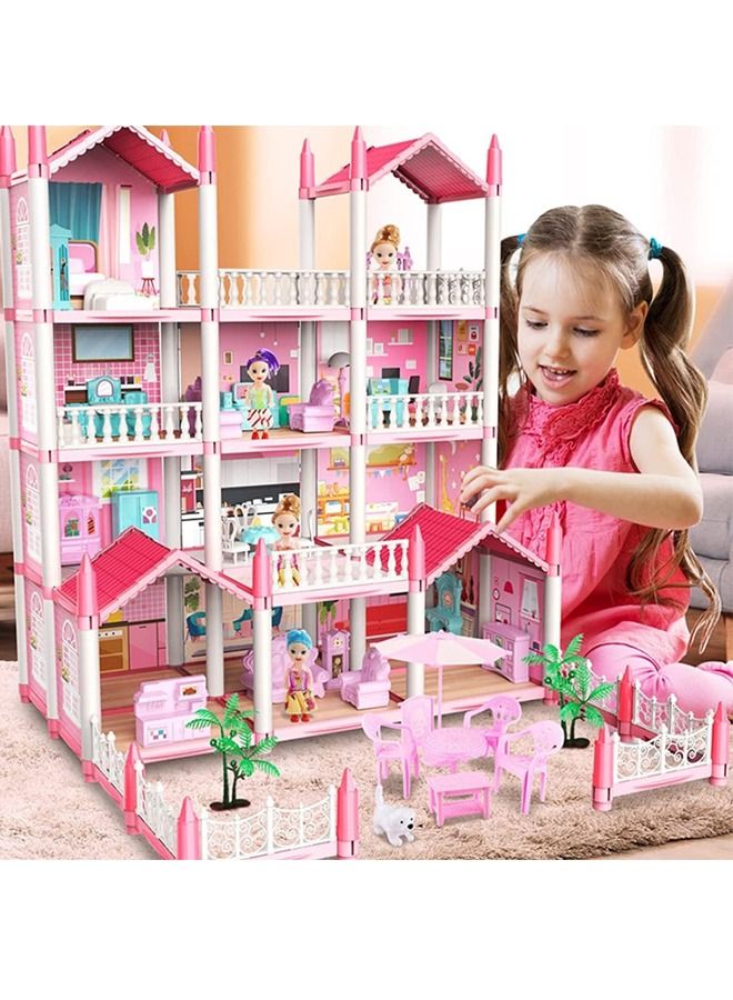 4 Floors Huge Dollhouse Play Set with 14 Rooms 4 Dolls 2 Color Light Strips with Lights to Assemble Kitchen, Bedroom, Furniture, Garden, Dolls, Pets DIY Pretend Play Doll House for Girls (Pink)