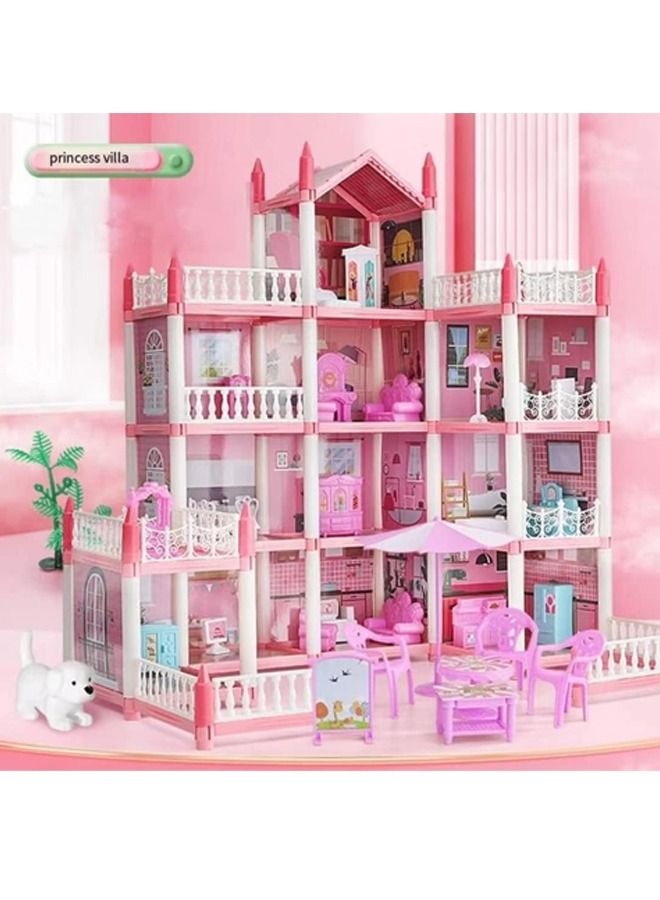 4 Floors Huge Dollhouse Play Set with 14 Rooms 4 Dolls 2 Color Light Strips with Lights to Assemble Kitchen, Bedroom, Furniture, Garden, Dolls, Pets DIY Pretend Play Doll House for Girls (Pink)