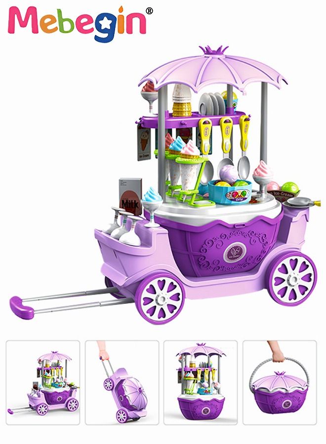 Ice Cream Cart Shop 69 Pieces Pretend Play Toys Set for Kids with Simulation Ice-Cream Trolley Truck and Desserts Tower Stand Early Educational Situation Game Toy Gift for Boys Girls