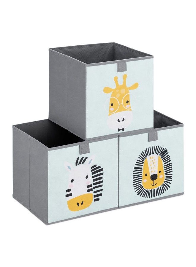 Kids Storage Cubes (Set Of 3) Storage Boxes 11X11X11 With Animal Designs Children Cube Bins Fabric Organizer Bin Mint Green