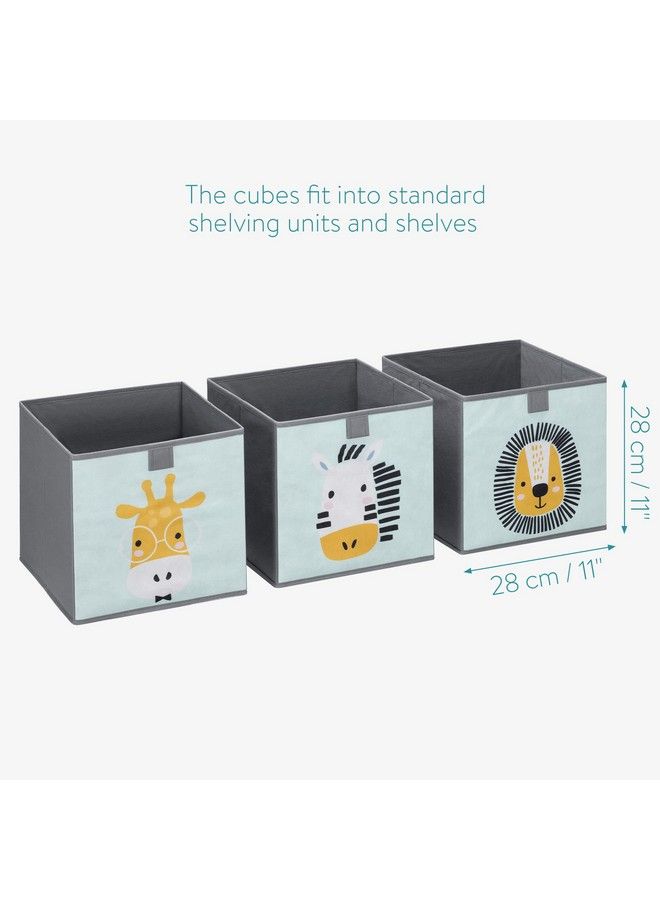 Kids Storage Cubes (Set Of 3) Storage Boxes 11X11X11 With Animal Designs Children Cube Bins Fabric Organizer Bin Mint Green