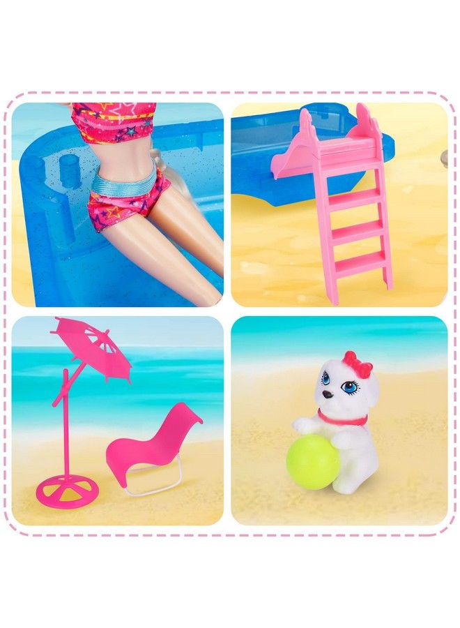 Pool Playset Glam Pool With Slide Doll Pool Accessories Includes Beach Chair Beach Umbrella Dog Swimming Pool Set For 12 Inch Dolls Bath Toys For Dolls