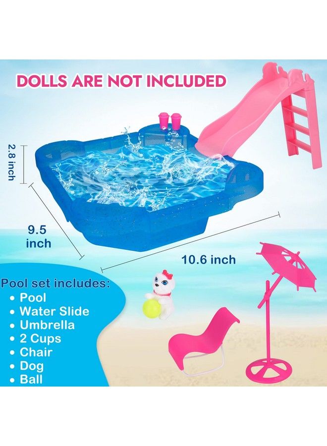 Pool Playset Glam Pool With Slide Doll Pool Accessories Includes Beach Chair Beach Umbrella Dog Swimming Pool Set For 12 Inch Dolls Bath Toys For Dolls