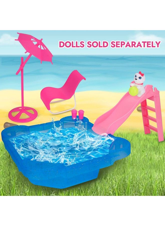 Pool Playset Glam Pool With Slide Doll Pool Accessories Includes Beach Chair Beach Umbrella Dog Swimming Pool Set For 12 Inch Dolls Bath Toys For Dolls