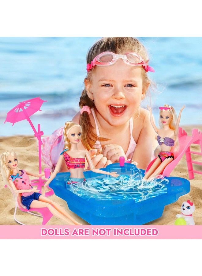 Pool Playset Glam Pool With Slide Doll Pool Accessories Includes Beach Chair Beach Umbrella Dog Swimming Pool Set For 12 Inch Dolls Bath Toys For Dolls