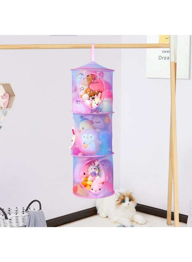 Stuffed Animals Net Or Hammock 2Pcs Hanging Stuffed Animals Storage 3 Compartments Toy Net Hammock For Stuffed Animals Organizer Mesh Stuff Animals Hammock For Kids Girls Room Rainbow