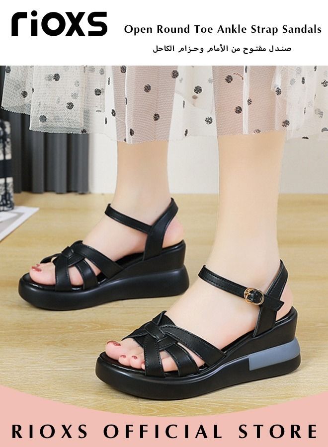 Women's Summer Fashion Wedge Sandals Non-Slip Platform Thick Soft Sole Sandals Open Round Toe Ankle Strap Sandals