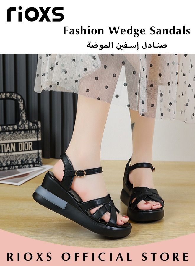 Women's Summer Fashion Wedge Sandals Non-Slip Platform Thick Soft Sole Sandals Open Round Toe Ankle Strap Sandals