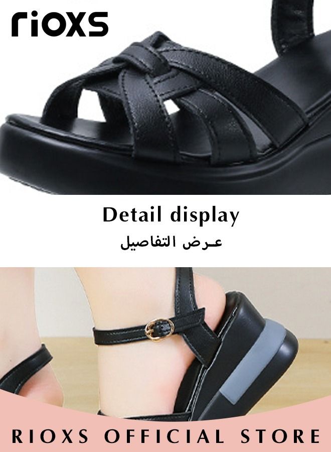 Women's Summer Fashion Wedge Sandals Non-Slip Platform Thick Soft Sole Sandals Open Round Toe Ankle Strap Sandals