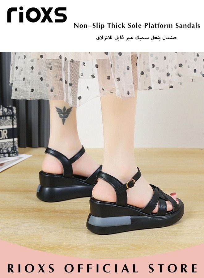 Women's Summer Fashion Wedge Sandals Non-Slip Platform Thick Soft Sole Sandals Open Round Toe Ankle Strap Sandals