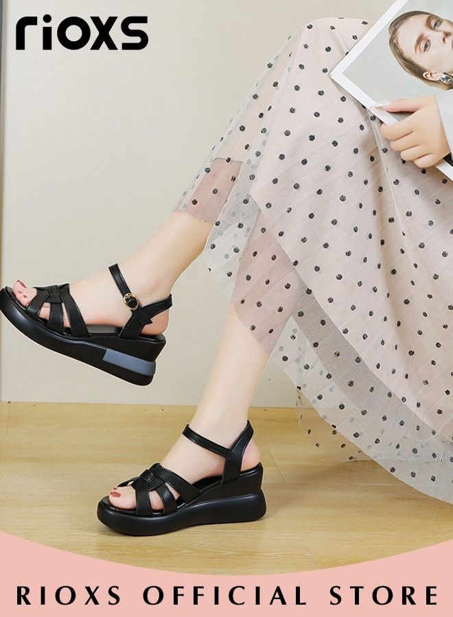 Women's Summer Fashion Wedge Sandals Non-Slip Platform Thick Soft Sole Sandals Open Round Toe Ankle Strap Sandals