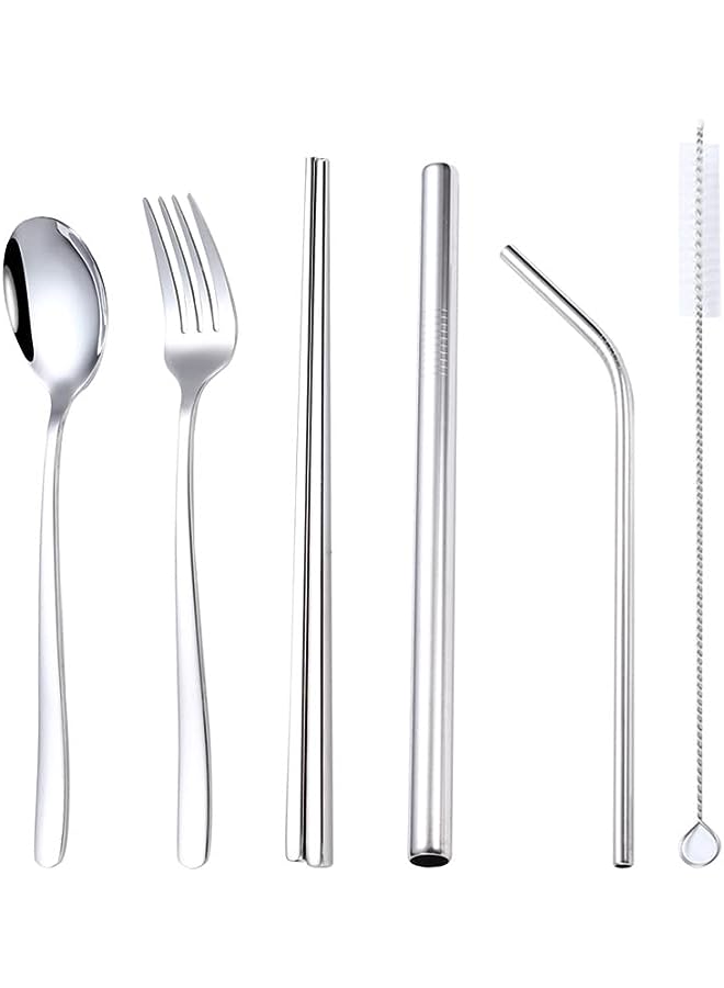 6-Piece Stainless Steel Flatware Set - Portable Reusable Cutlery Set for Travel - Includes Chopsticks, Fork, Spoon, Straws, Cleaning Brush - Dishwasher Safe