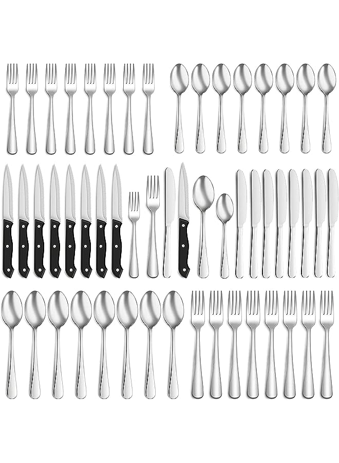48-Piece Silverware Set with Steak Knives, Food-Grade Stainless Steel Flatware, Includes Spoons Forks Knives, Kitchen Cutlery Set For Home Restaurant Hotel, Dishwasher Safe (Silver)