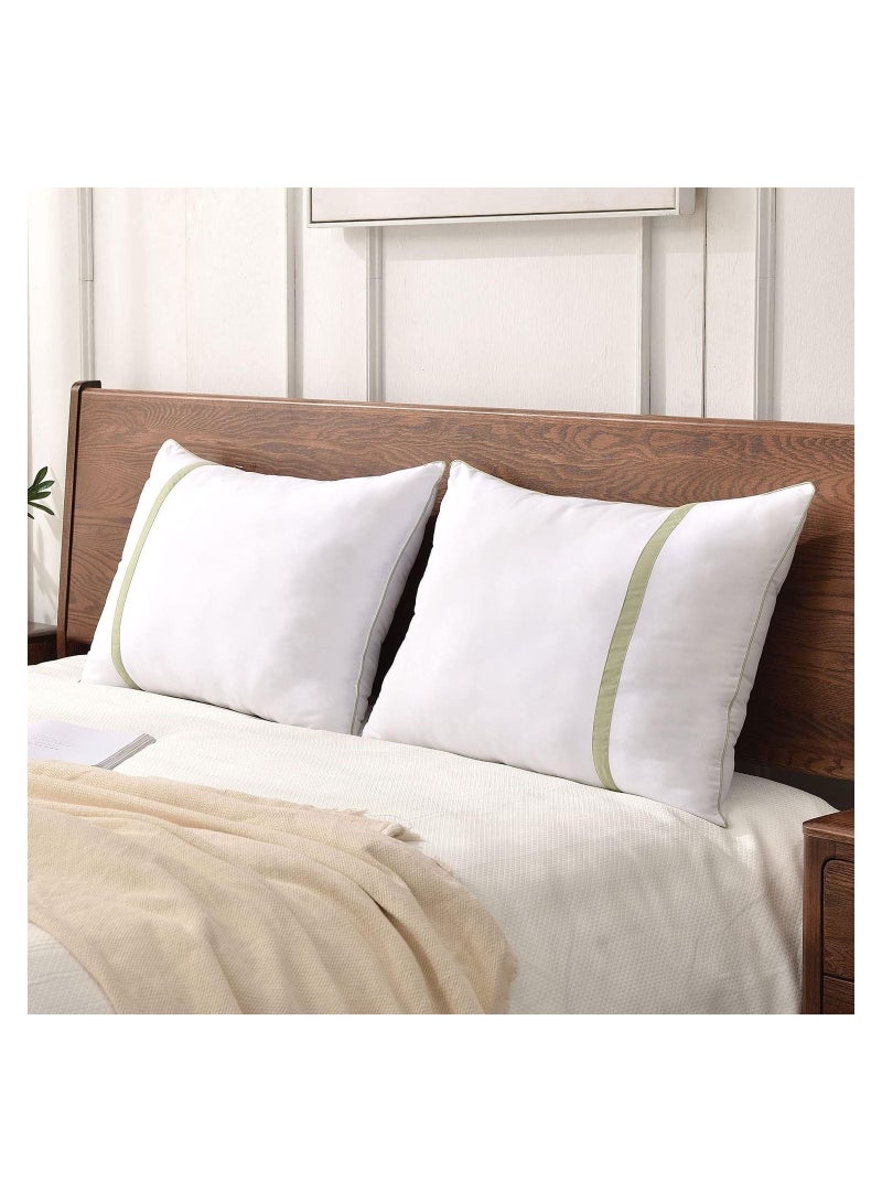 Set of 2 White Cotton Pillows with Polyester Filling and Luxurious 144 Thread Count, Elevate Relaxation with High Thread Count Green Striped Pillowcases for Home, Hotel, and Dormitory