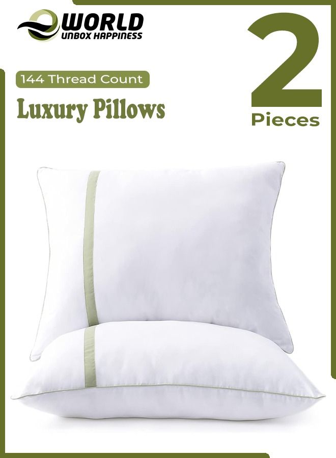 Set of 2 White Cotton Pillows with Polyester Filling and Luxurious 144 Thread Count, Elevate Relaxation with High Thread Count Green Striped Pillowcases for Home, Hotel, and Dormitory