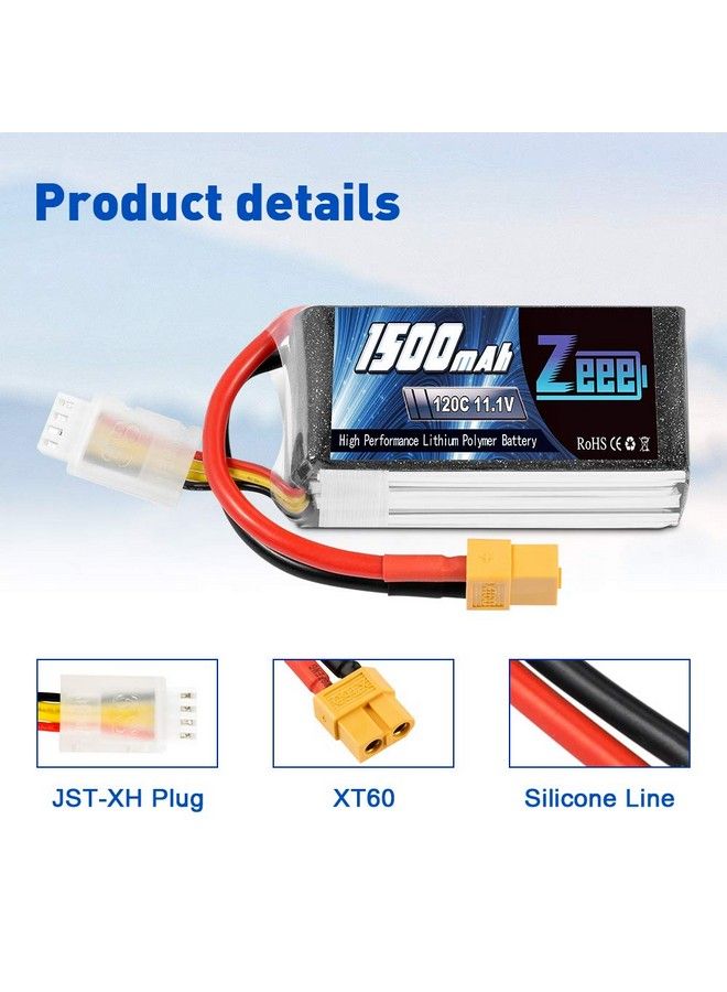 11.1V 120C 1500Mah 3S Rc Lipo Battery Graphene Battery With Xt60 Plug For Fpv Racing Drone Quadcopter Helicopter Airplane Rc Boat Rc Car Rc Models(2 Pack)