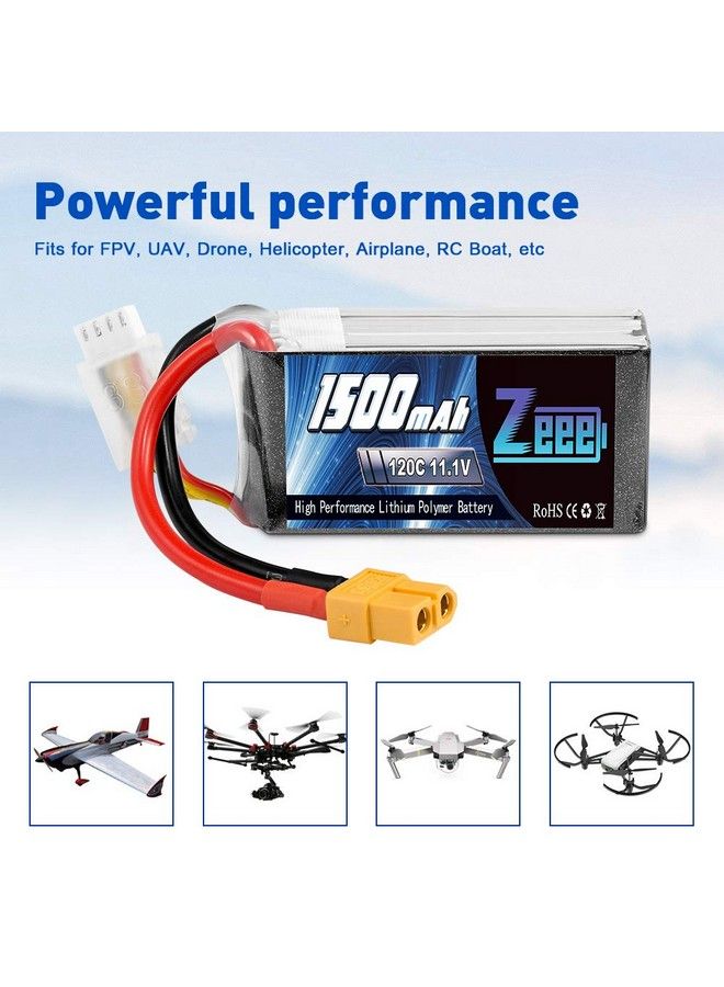 11.1V 120C 1500Mah 3S Rc Lipo Battery Graphene Battery With Xt60 Plug For Fpv Racing Drone Quadcopter Helicopter Airplane Rc Boat Rc Car Rc Models(2 Pack)