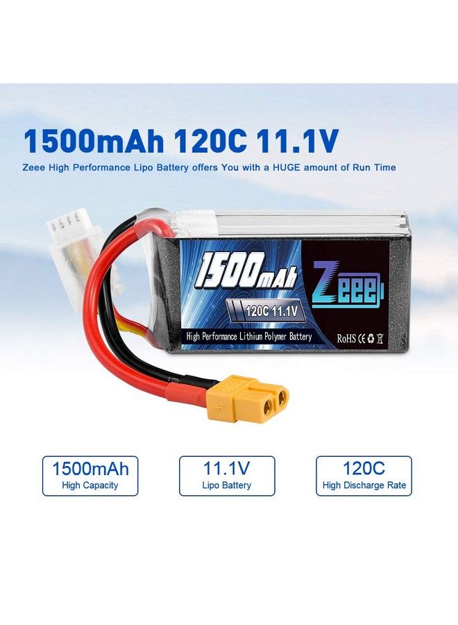 11.1V 120C 1500Mah 3S Rc Lipo Battery Graphene Battery With Xt60 Plug For Fpv Racing Drone Quadcopter Helicopter Airplane Rc Boat Rc Car Rc Models(2 Pack)