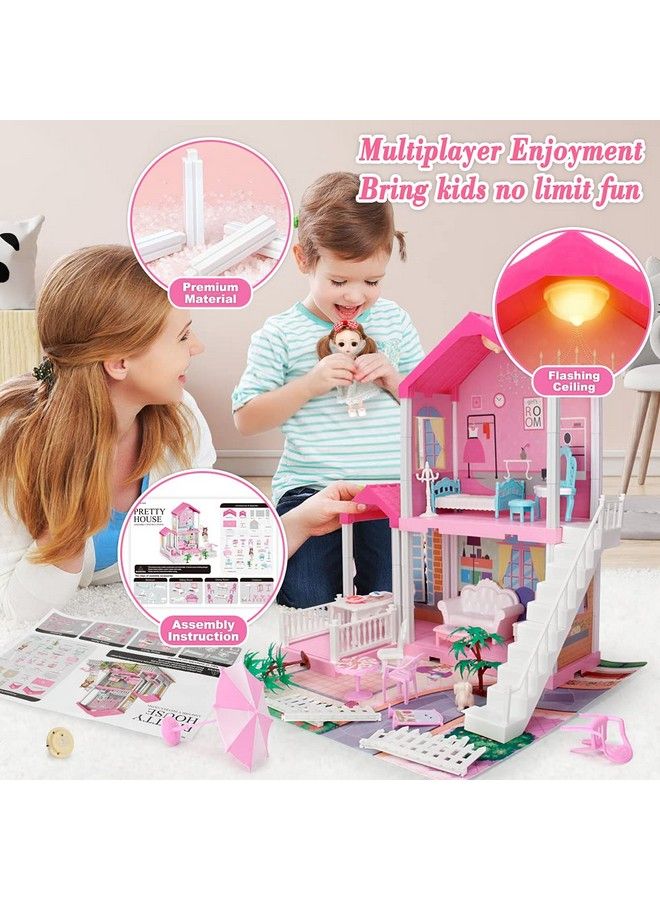 Dollhouse Dreamhouse For Girls Doll House With Lights Play Mat And Dolls Diy Building Pretend Play House With Accessories Furniture And Household Itemsplayhouse For Girls 312 (3 Rooms)