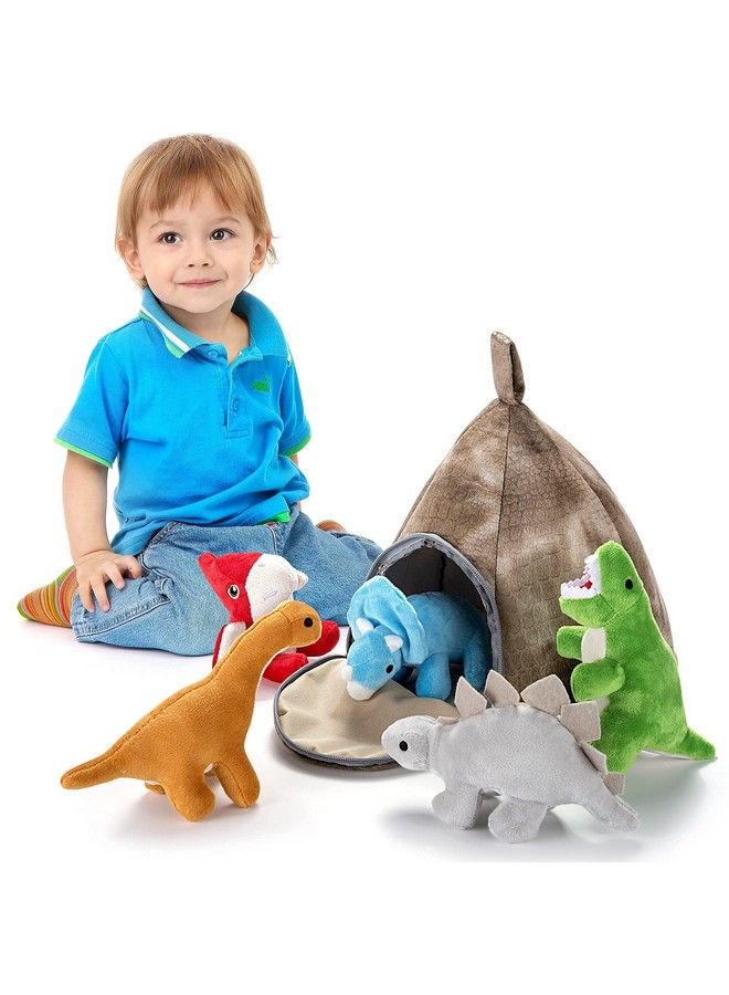 Stuffed Toy Dinosaur Animal Set Set Of 5 Dino Stuff Toy For Toddlers With Volcano Zipper Carry Bag Bright & Vibrant Plush Toy Set Stuffed Dinosaur Toy For Kids Easy To Carry