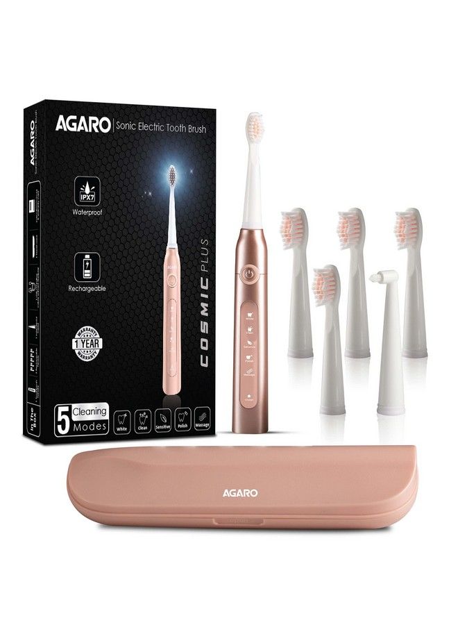 Cosmic Plus Sonic Electric Tooth Brush For Adults With 5 Modes 5 Brush Heads 1 Interdental Head Carry Case & Rechargeable With 4 Hours Charge Lasting Up To 25 Dayspower Toothbrush(Rosegold)