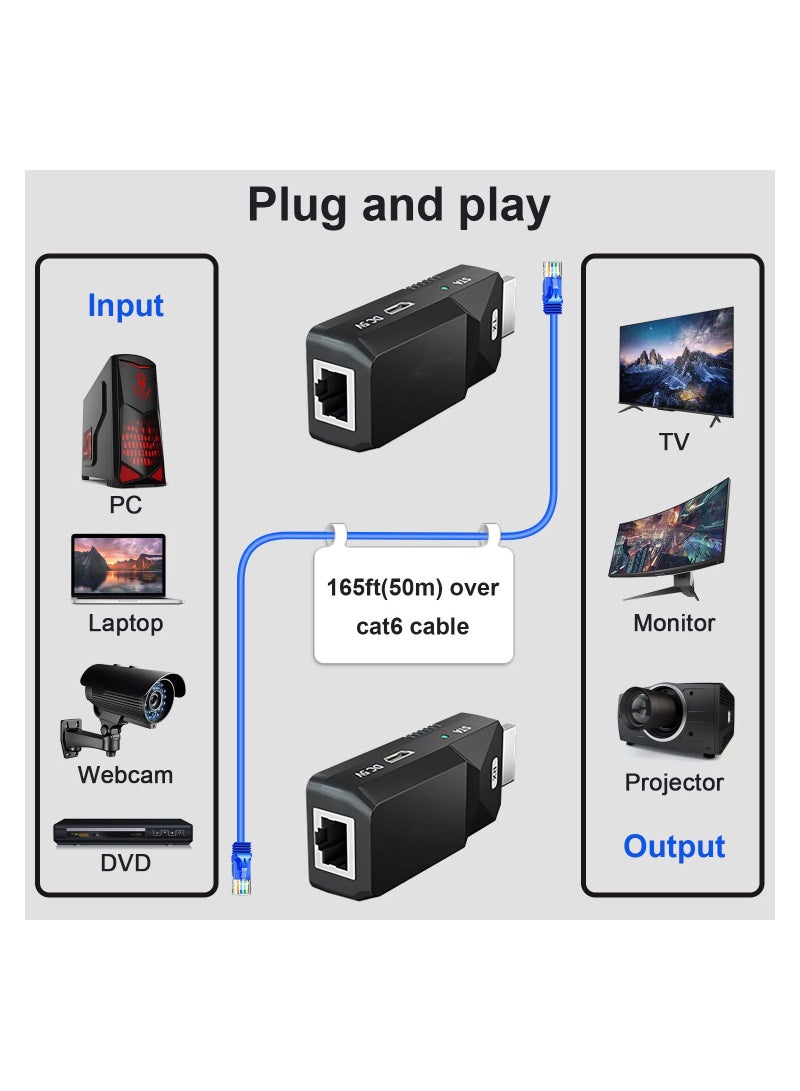 HDMI Extender 165ft Audio Video 1080P Over Cat5 Cat6 Ethernet Cable Transmit Lossless Signal HDMI Long Distance Extension Adapter, 2 PCS