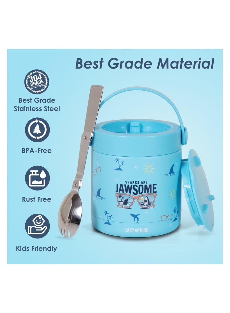Eazy Kids 6/4 Compartment Bento Lunch Box w/ 2in1 Tritan Water Bottle and Steel Food Jar Jawsome-Blue