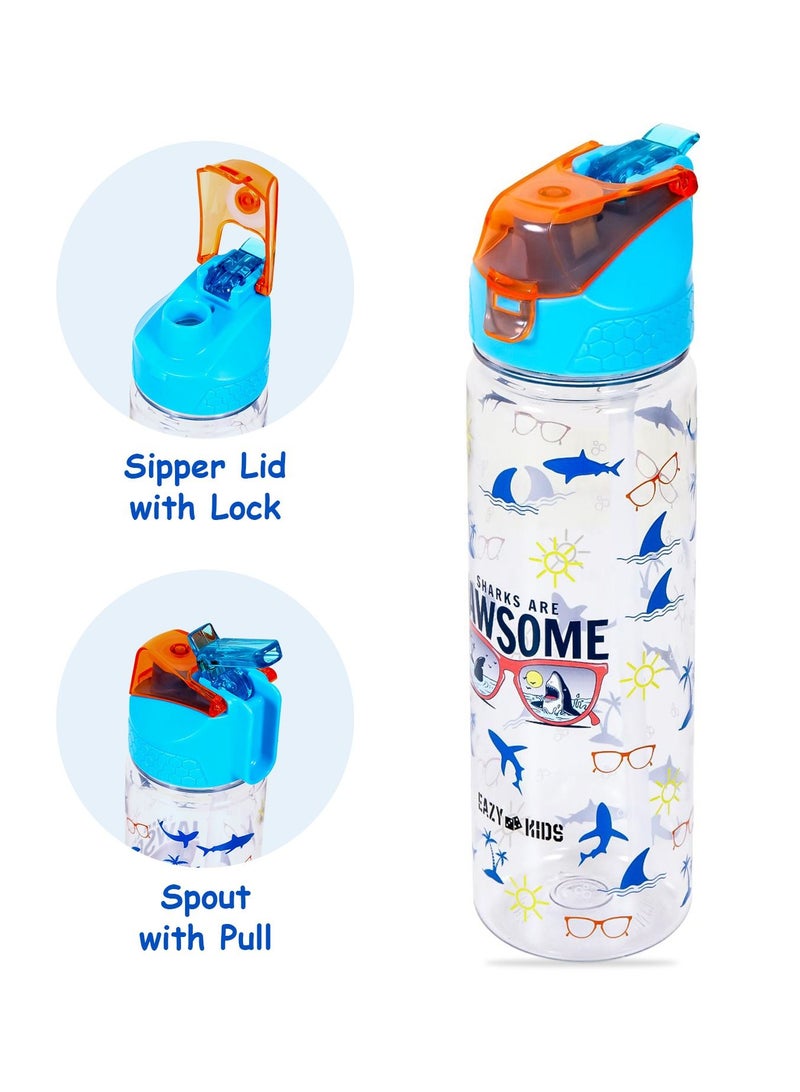 Eazy Kids 6/4 Compartment Bento Lunch Box w/ 2in1 Tritan Water Bottle and Steel Food Jar Jawsome-Blue