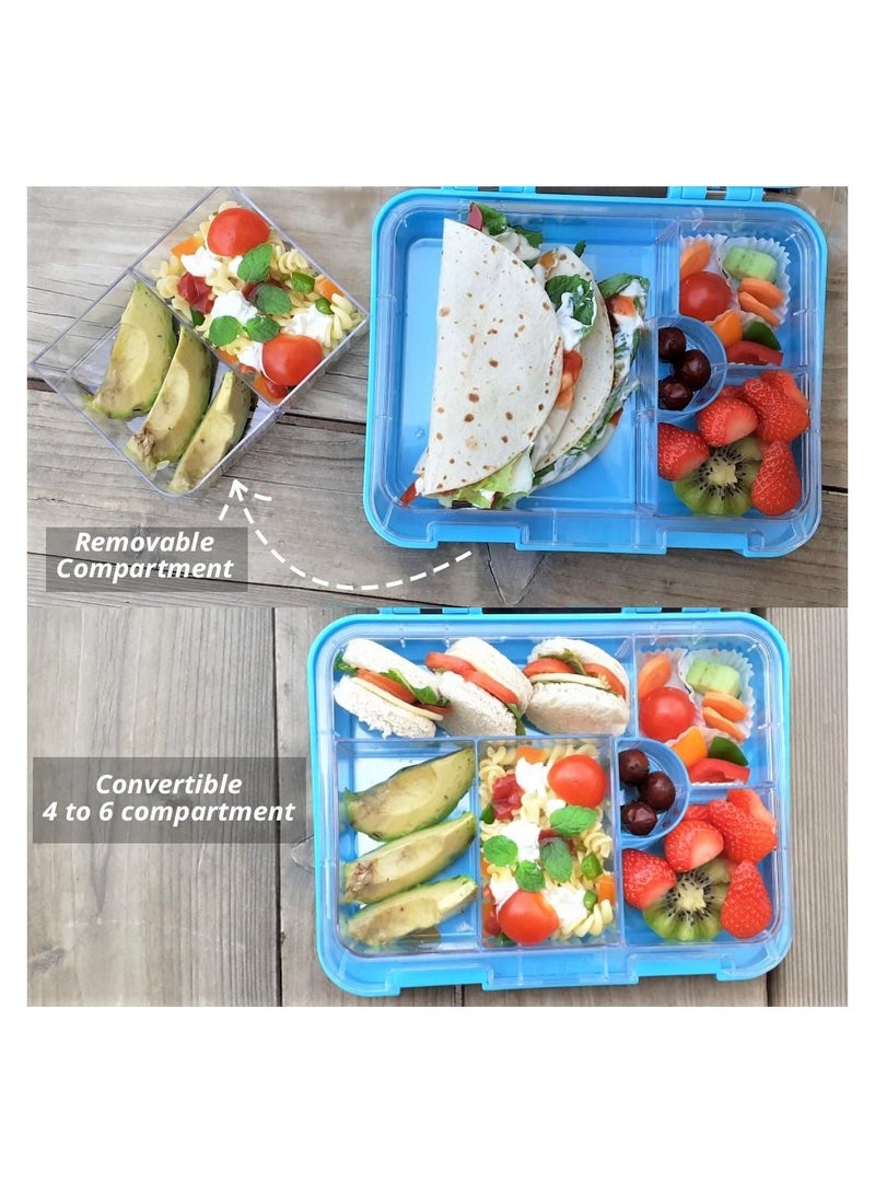 Eazy Kids 6/4 Compartment Bento Lunch Box w/ 2in1 Tritan Water Bottle and Steel Food Jar Jawsome-Blue