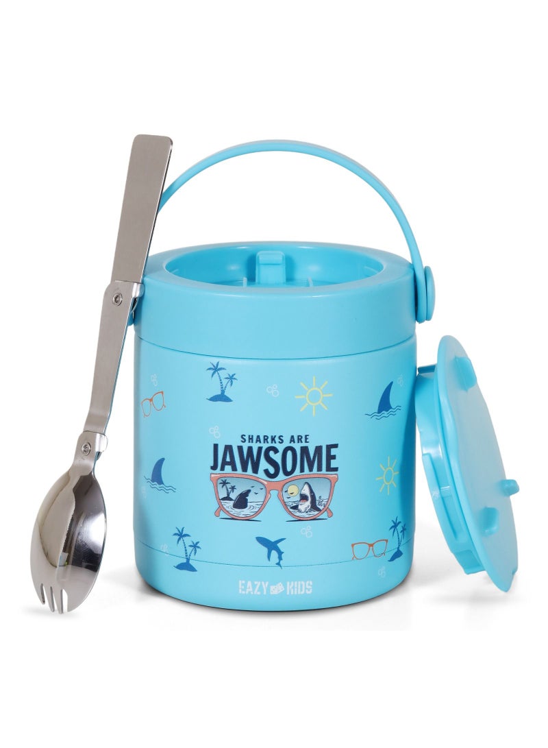 Eazy Kids 6/4 Compartment Bento Lunch Box w/ 2in1 Tritan Water Bottle and Steel Food Jar Jawsome-Blue