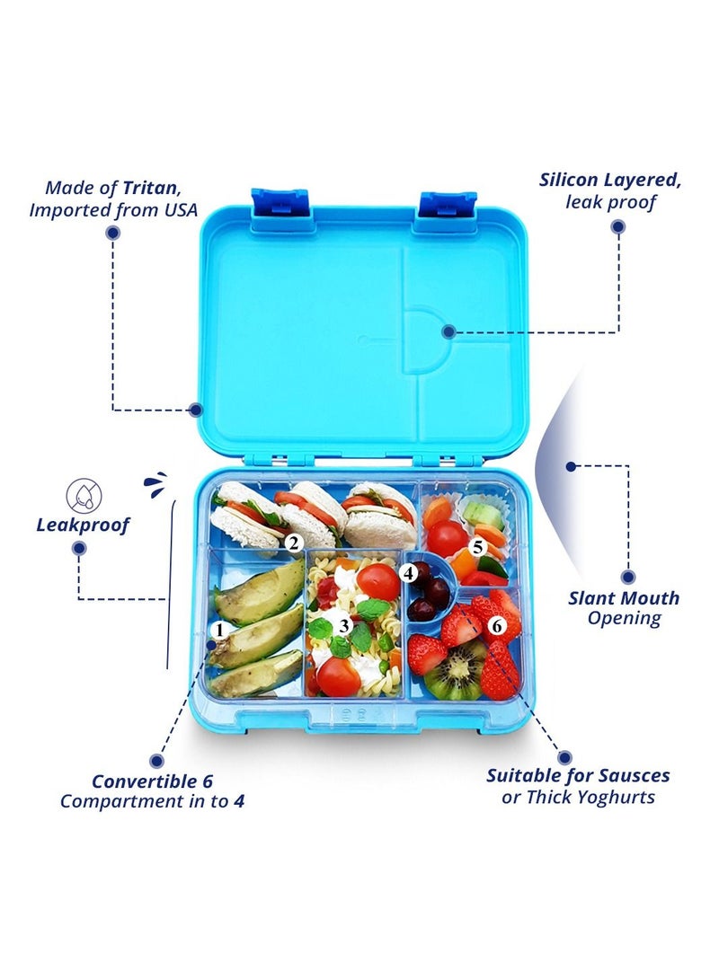 Eazy Kids 6/4 Compartment Bento Lunch Box w/ 2in1 Tritan Water Bottle and Steel Food Jar Jawsome-Blue