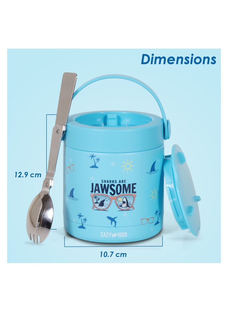 Eazy Kids 6/4 Compartment Bento Lunch Box w/ 2in1 Tritan Water Bottle and Steel Food Jar Jawsome-Blue