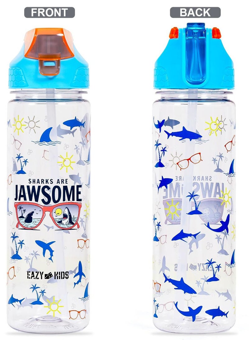 Eazy Kids 6/4 Compartment Bento Lunch Box w/ 2in1 Tritan Water Bottle and Steel Food Jar Jawsome-Blue