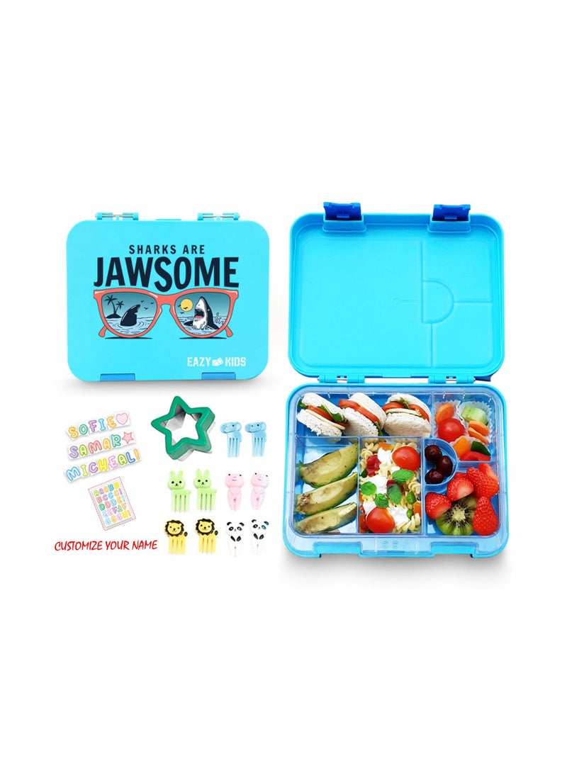 Eazy Kids 6/4 Compartment Bento Lunch Box w/ 2in1 Tritan Water Bottle and Steel Food Jar Jawsome-Blue