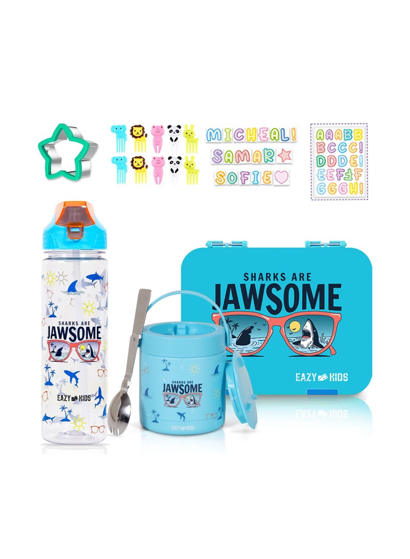 Eazy Kids 6/4 Compartment Bento Lunch Box w/ 2in1 Tritan Water Bottle and Steel Food Jar Jawsome-Blue