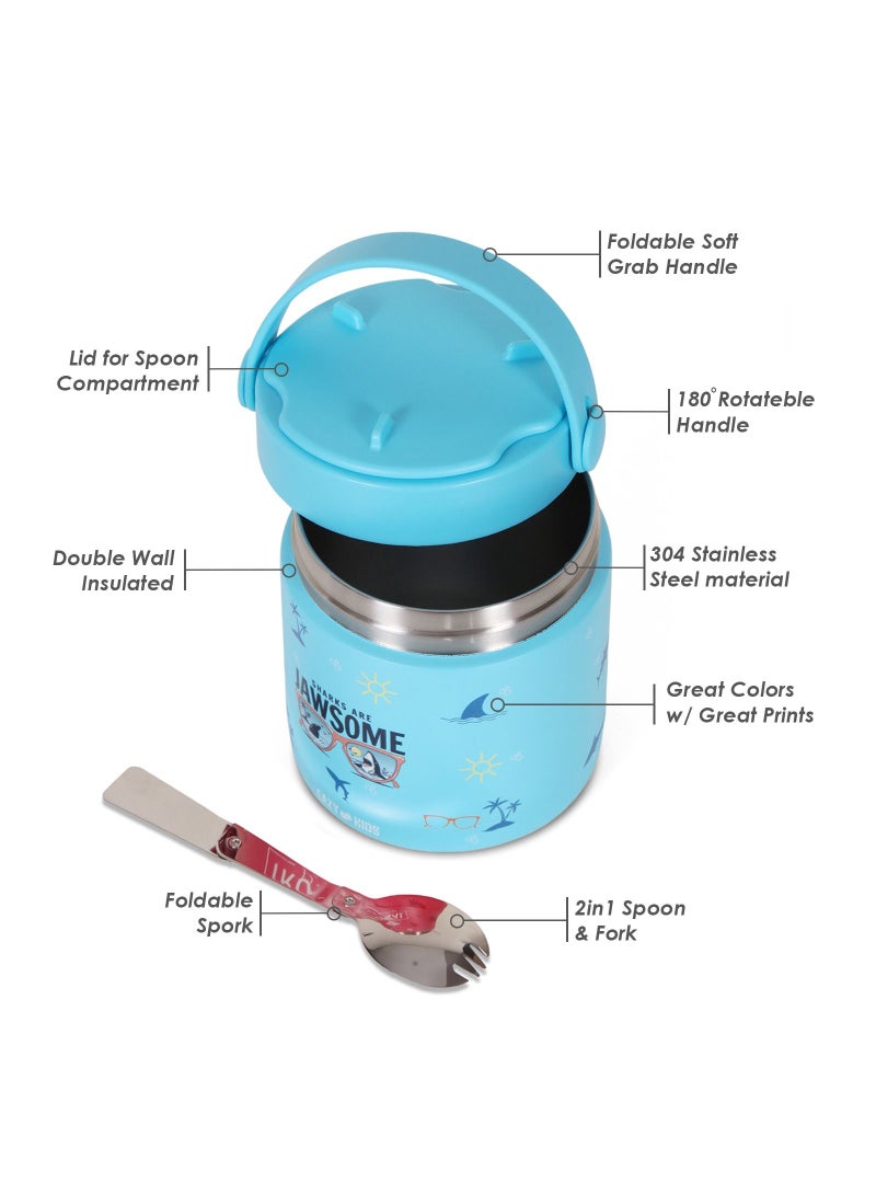 Eazy Kids 6/4 Compartment Bento Lunch Box w/ 2in1 Tritan Water Bottle and Steel Food Jar Jawsome-Blue