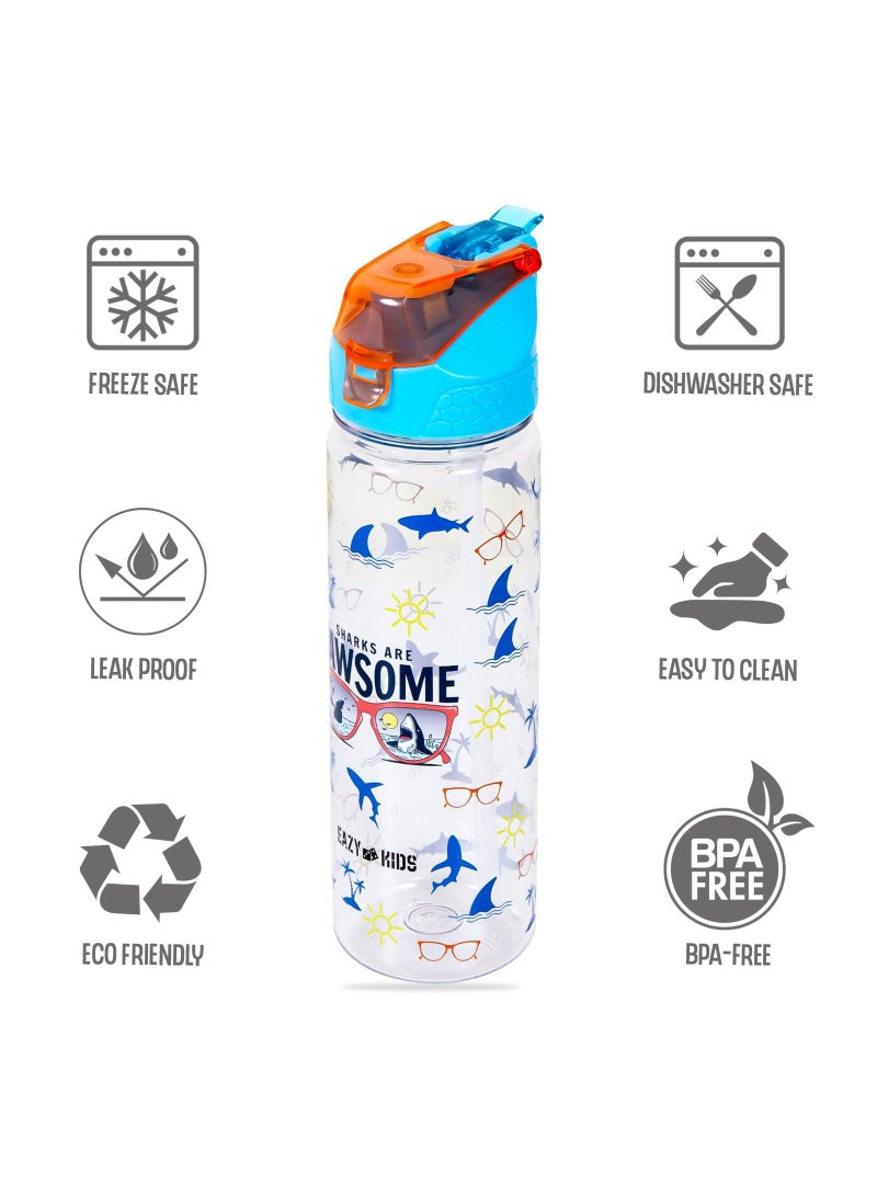 Eazy Kids 6/4 Compartment Bento Lunch Box w/ 2in1 Tritan Water Bottle and Steel Food Jar Jawsome-Blue
