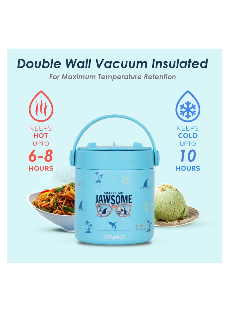 Eazy Kids 6/4 Compartment Bento Lunch Box w/ 2in1 Tritan Water Bottle and Steel Food Jar Jawsome-Blue