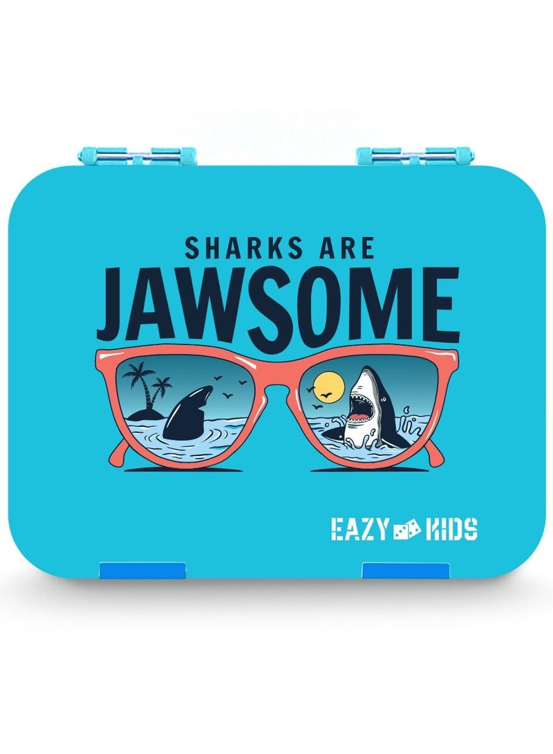 Eazy Kids 6/4 Compartment Bento Lunch Box w/ 2in1 Tritan Water Bottle and Steel Food Jar Jawsome-Blue