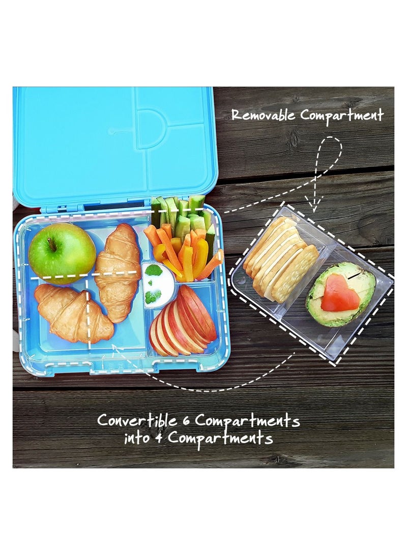 Eazy Kids 6/4 Compartment Bento Lunch Box w/ 2in1 Tritan Water Bottle and Steel Food Jar Jawsome-Blue