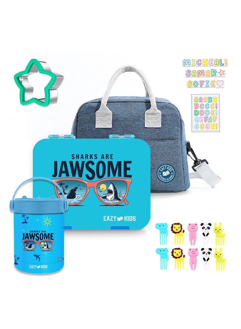 Eazy Kids 6/4 Compartment Bento Lunch Box w/ Lunch Bag and Steel Food Jar Jawsome-Blue