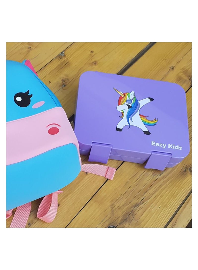 Eazy Kids Unicorn Purple 6 Compartment Bento Lunch Box w/ Lunch Bag-Blue