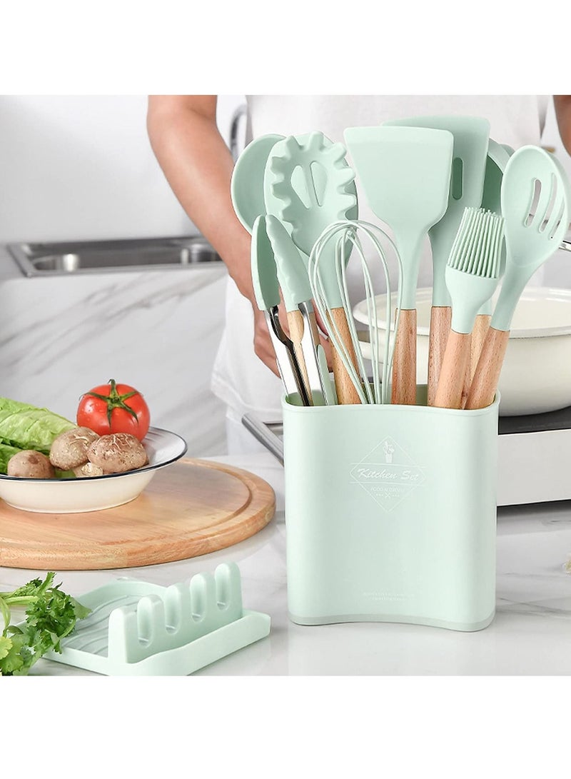 Silicone Cookware Set, Silicone Kitchen Utensil Set 13 Pieces, Wooden Handle Nonstick Cookware Utensil Tool, Non-Toxic Heat Resistant Kitchen Tool Set with Storage Bucket and Lid Holder(Green)