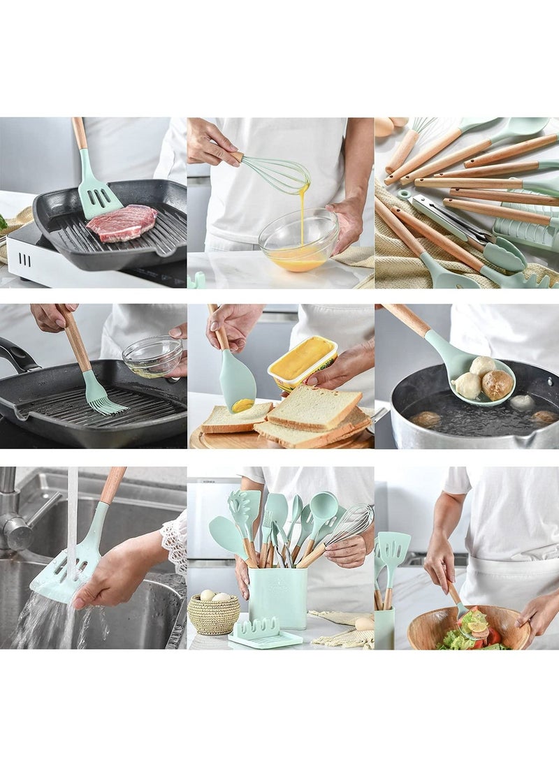 Silicone Cookware Set, Silicone Kitchen Utensil Set 13 Pieces, Wooden Handle Nonstick Cookware Utensil Tool, Non-Toxic Heat Resistant Kitchen Tool Set with Storage Bucket and Lid Holder(Green)