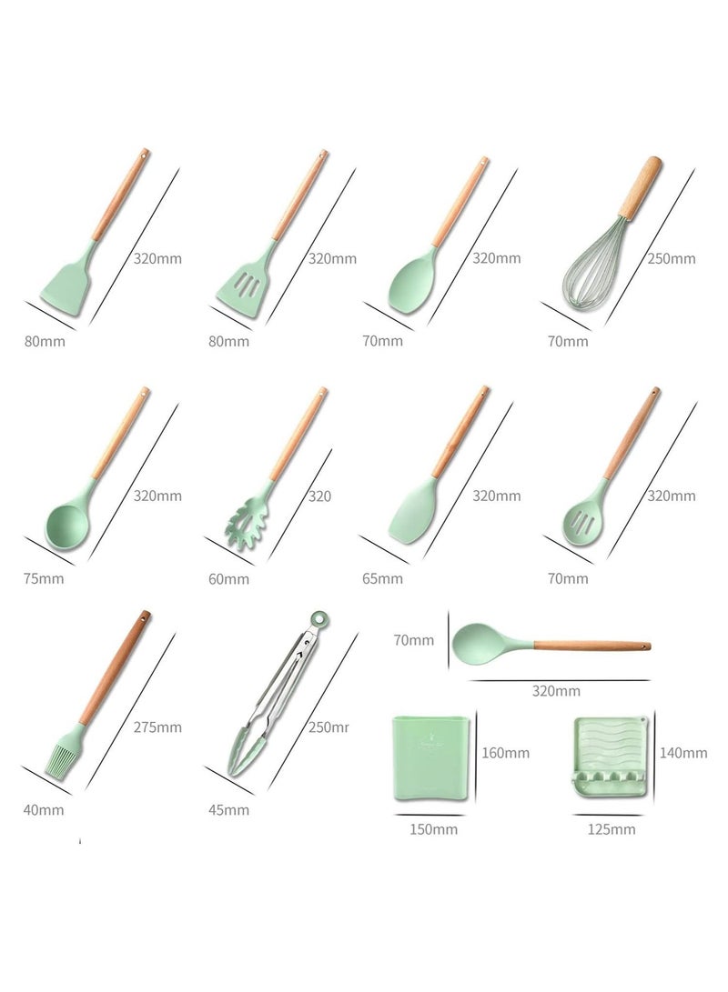 Silicone Cookware Set, Silicone Kitchen Utensil Set 13 Pieces, Wooden Handle Nonstick Cookware Utensil Tool, Non-Toxic Heat Resistant Kitchen Tool Set with Storage Bucket and Lid Holder(Green)
